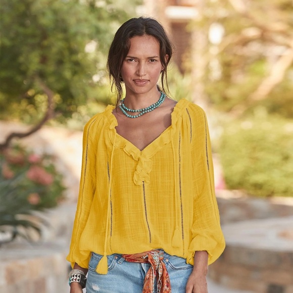 Sundance Artists Top Sunshine Yellow Long Sleeve Ruffle Blouse Womens Size Large - Picture 1 of 6